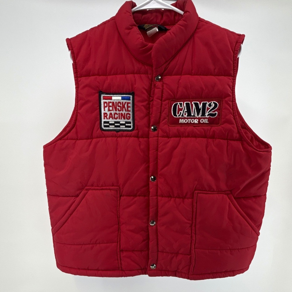VTG 80s Swingster Penske Racing CAM2 puffer vest Men L red Nylon Quilted Snap US